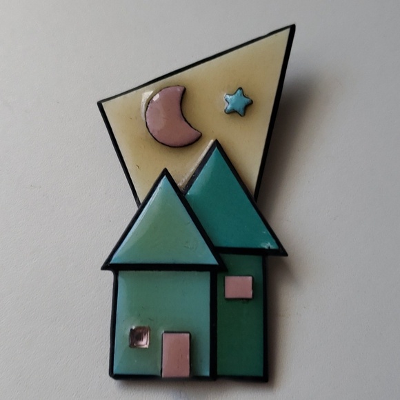 Vintage Jewelry - VINTAGE 1990s, Resin Pin, Resin Brooch, House, Moon and Star Pin, Funky Pin